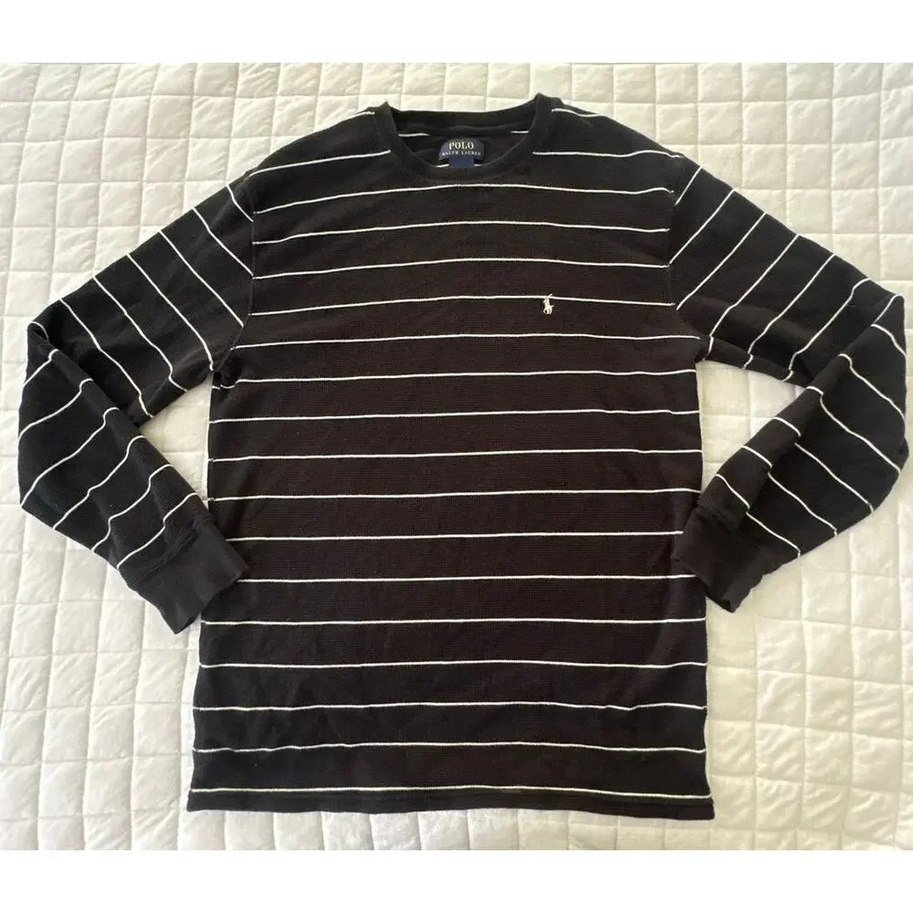 Polo Ralph Lauren Shirt Mens XL Black Striped Thermal Long Sleeve Waffle Weave